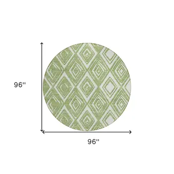 8' Green And Ivory Round Geometric Washable Indoor Outdoor Area Rug