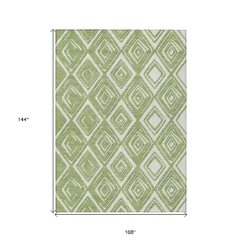 9' X 12' Green And Ivory Geometric Washable Indoor Outdoor Area Rug