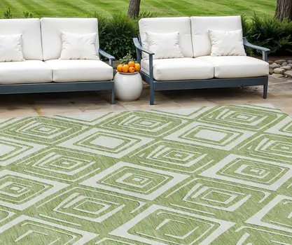 10' X 14' Green And Ivory Geometric Washable Indoor Outdoor Area Rug