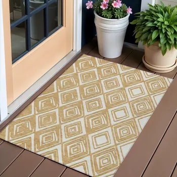 3' X 5' Gold And Ivory Geometric Washable Indoor Outdoor Area Rug