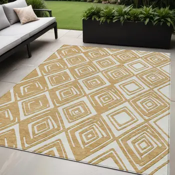 5' X 8' Gold And Ivory Geometric Washable Indoor Outdoor Area Rug
