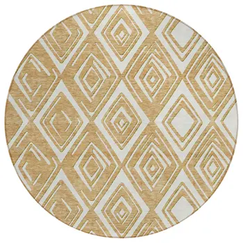 8' Gold And Ivory Round Geometric Washable Indoor Outdoor Area Rug