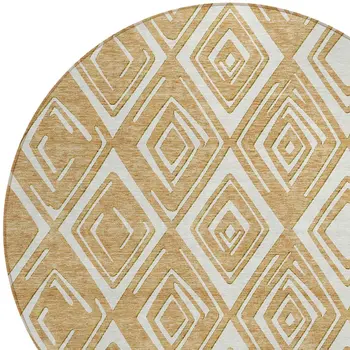 8' Gold And Ivory Round Geometric Washable Indoor Outdoor Area Rug