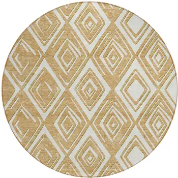8' Gold And Ivory Round Geometric Washable Indoor Outdoor Area Rug