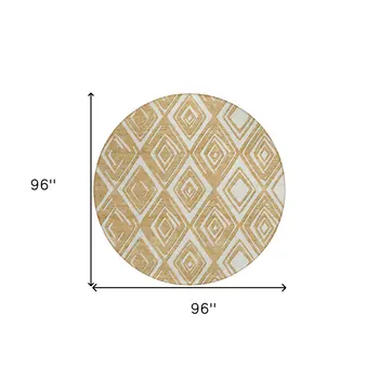 8' Gold And Ivory Round Geometric Washable Indoor Outdoor Area Rug