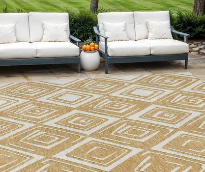 8' X 10' Gold And Ivory Geometric Washable Indoor Outdoor Area Rug