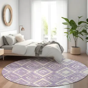 8' Lavender And Ivory Round Geometric Washable Indoor Outdoor Area Rug