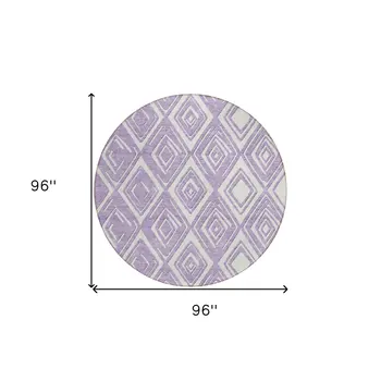 8' Lavender And Ivory Round Geometric Washable Indoor Outdoor Area Rug