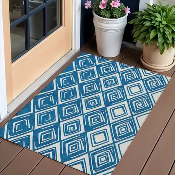 3' X 5' Navy Blue And Ivory Geometric Washable Indoor Outdoor Area Rug