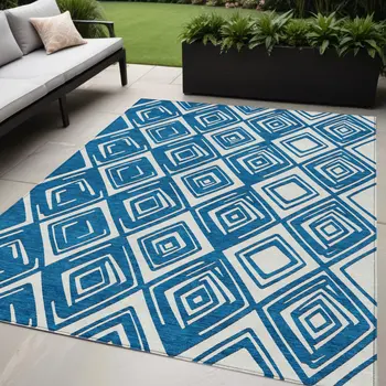 5' X 8' Navy Blue And Ivory Geometric Washable Indoor Outdoor Area Rug