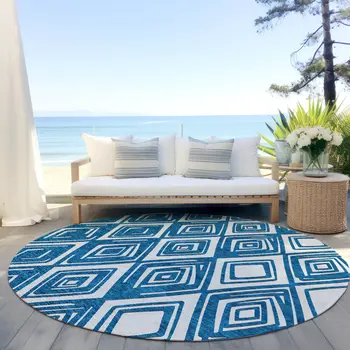 8' Navy Blue And Ivory Round Geometric Washable Indoor Outdoor Area Rug