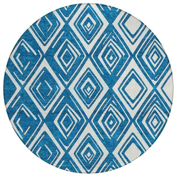 8' Navy Blue And Ivory Round Geometric Washable Indoor Outdoor Area Rug