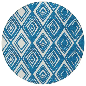 8' Navy Blue And Ivory Round Geometric Washable Indoor Outdoor Area Rug