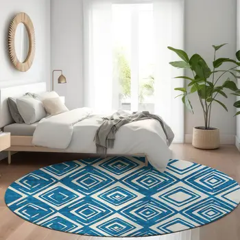 8' Navy Blue And Ivory Round Geometric Washable Indoor Outdoor Area Rug
