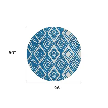 8' Navy Blue And Ivory Round Geometric Washable Indoor Outdoor Area Rug