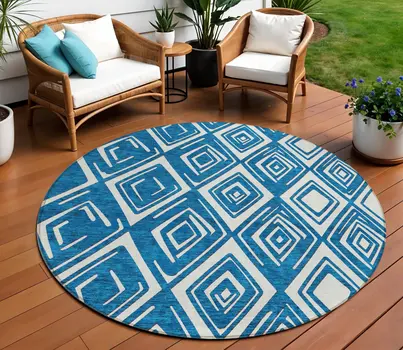 8' Navy Blue And Ivory Round Geometric Washable Indoor Outdoor Area Rug