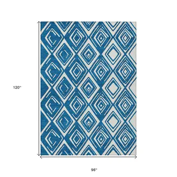 8' X 10' Navy Blue And Ivory Geometric Washable Indoor Outdoor Area Rug