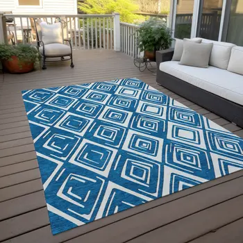 8' X 10' Navy Blue And Ivory Geometric Washable Indoor Outdoor Area Rug
