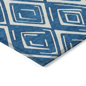 8' X 10' Navy Blue And Ivory Geometric Washable Indoor Outdoor Area Rug
