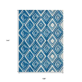 9' X 12' Navy Blue And Ivory Geometric Washable Indoor Outdoor Area Rug