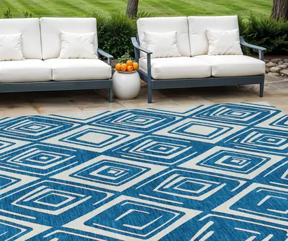 9' X 12' Navy Blue And Ivory Geometric Washable Indoor Outdoor Area Rug
