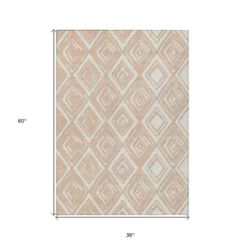 3' X 5' Peach And Ivory Geometric Washable Indoor Outdoor Area Rug