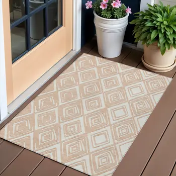 3' X 5' Peach And Ivory Geometric Washable Indoor Outdoor Area Rug