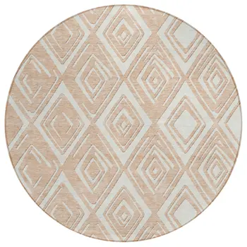 8' Peach And Ivory Round Geometric Washable Indoor Outdoor Area Rug