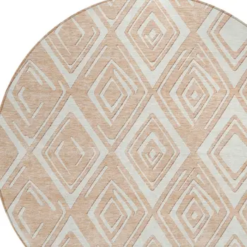 8' Peach And Ivory Round Geometric Washable Indoor Outdoor Area Rug