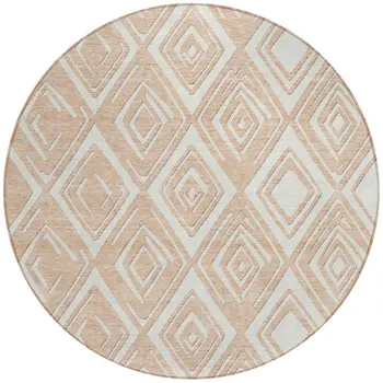 8' Peach And Ivory Round Geometric Washable Indoor Outdoor Area Rug