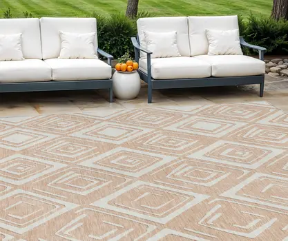 8' X 10' Peach And Ivory Geometric Washable Indoor Outdoor Area Rug