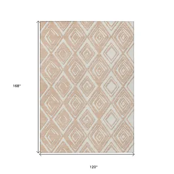 10' X 14' Peach And Ivory Geometric Washable Indoor Outdoor Area Rug
