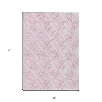 5' X 8' Pink And Ivory Geometric Washable Indoor Outdoor Area Rug