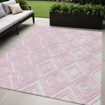 5' X 8' Pink And Ivory Geometric Washable Indoor Outdoor Area Rug