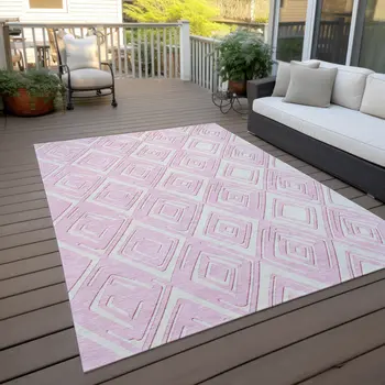 5' X 8' Pink And Ivory Geometric Washable Indoor Outdoor Area Rug
