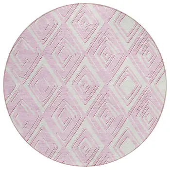 8' Pink And Ivory Round Geometric Washable Indoor Outdoor Area Rug