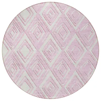 8' Pink And Ivory Round Geometric Washable Indoor Outdoor Area Rug