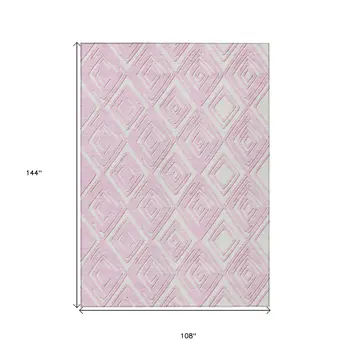 9' X 12' Pink And Ivory Geometric Washable Indoor Outdoor Area Rug