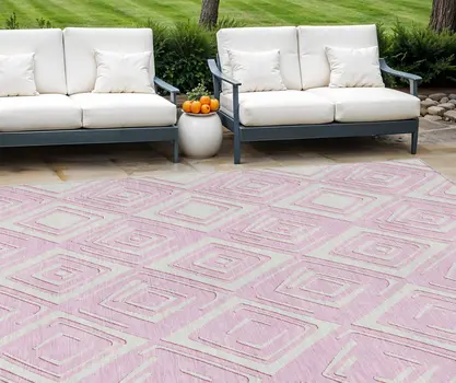 9' X 12' Pink And Ivory Geometric Washable Indoor Outdoor Area Rug