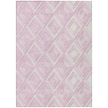 10' X 14' Pink And Ivory Geometric Washable Indoor Outdoor Area Rug