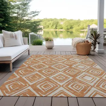 3' X 5' Orange And Ivory Geometric Washable Indoor Outdoor Area Rug