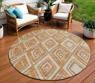 8' Orange And Ivory Round Geometric Washable Indoor Outdoor Area Rug