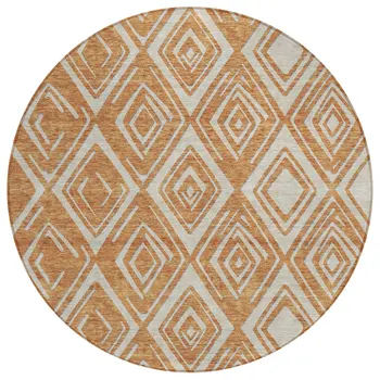 8' Orange And Ivory Round Geometric Washable Indoor Outdoor Area Rug