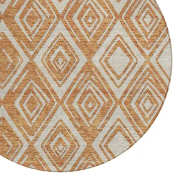 8' Orange And Ivory Round Geometric Washable Indoor Outdoor Area Rug
