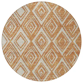 8' Orange And Ivory Round Geometric Washable Indoor Outdoor Area Rug