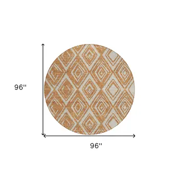 8' Orange And Ivory Round Geometric Washable Indoor Outdoor Area Rug