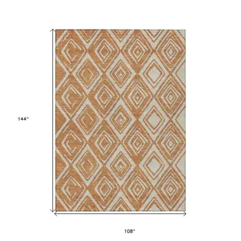 9' X 12' Orange And Ivory Geometric Washable Indoor Outdoor Area Rug