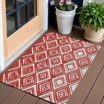 3' X 5' Red And Ivory Geometric Washable Indoor Outdoor Area Rug