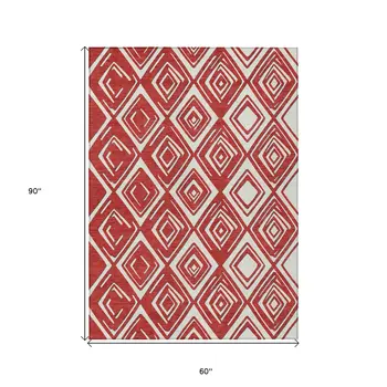 5' X 8' Red And Ivory Geometric Washable Indoor Outdoor Area Rug