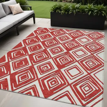 5' X 8' Red And Ivory Geometric Washable Indoor Outdoor Area Rug